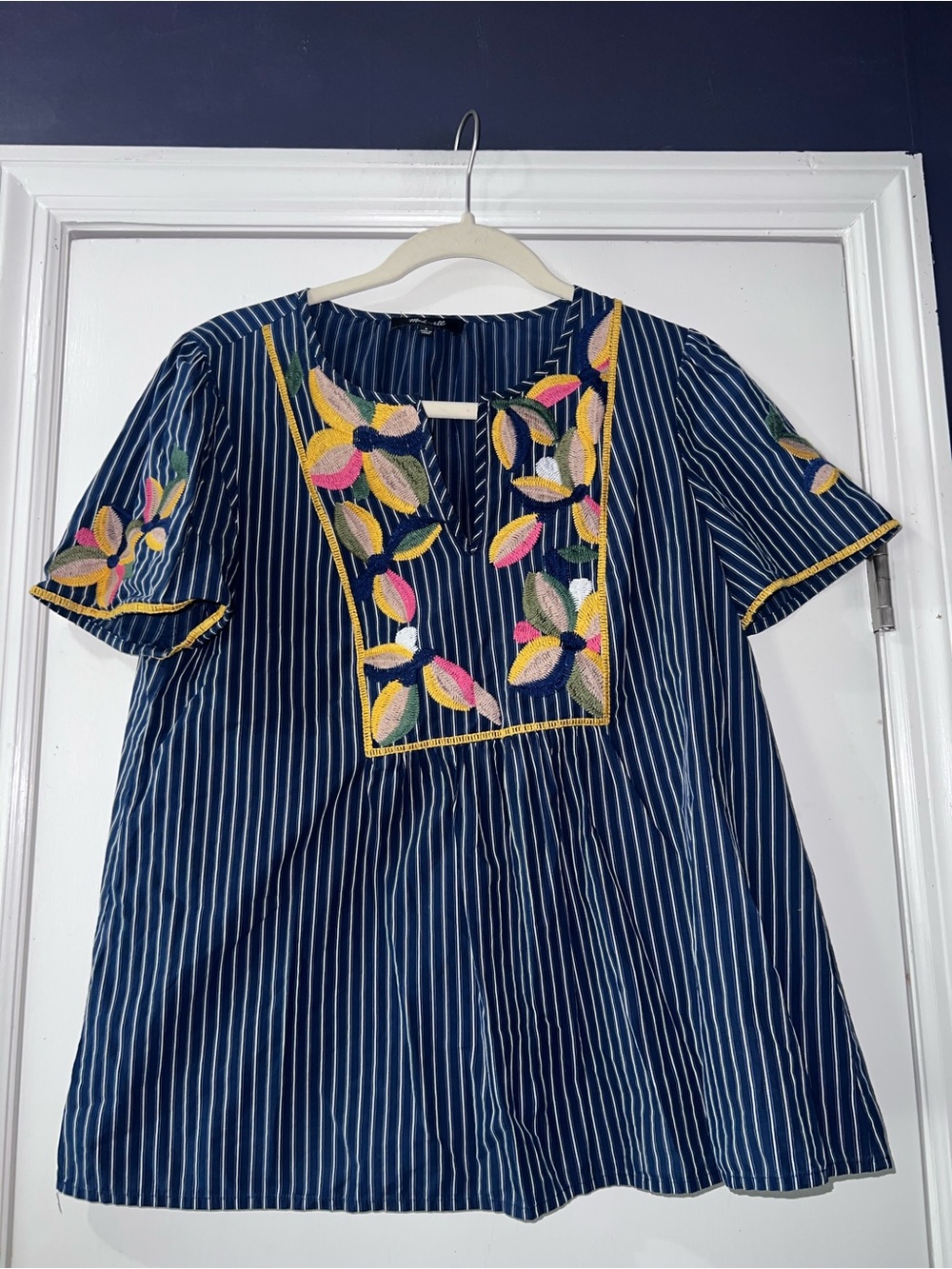Madewell Navy Striped Embroidered Peasant Top